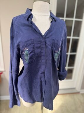 NWT Alya Indigo Embroidered Cactus Button-Down Shirt 🌵